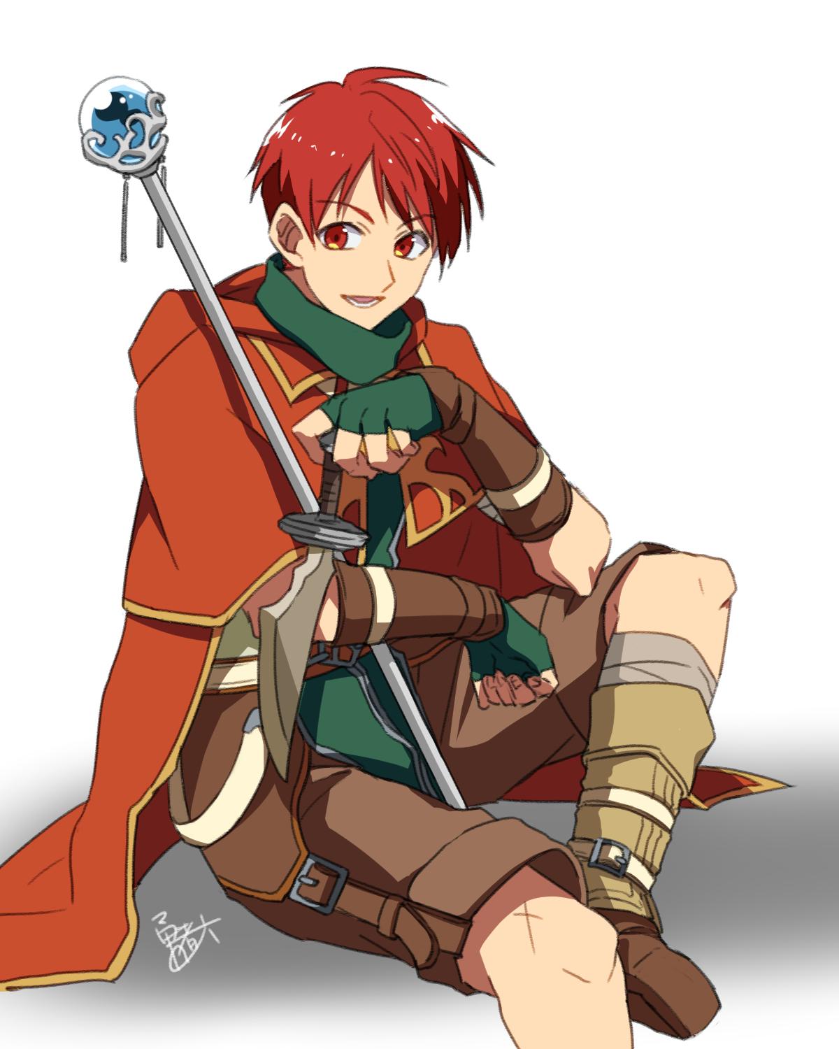 1boy, bandages, boots, buckle, cape, eyebrows_visible_through_hair, fingerless_gloves, fire_emblem