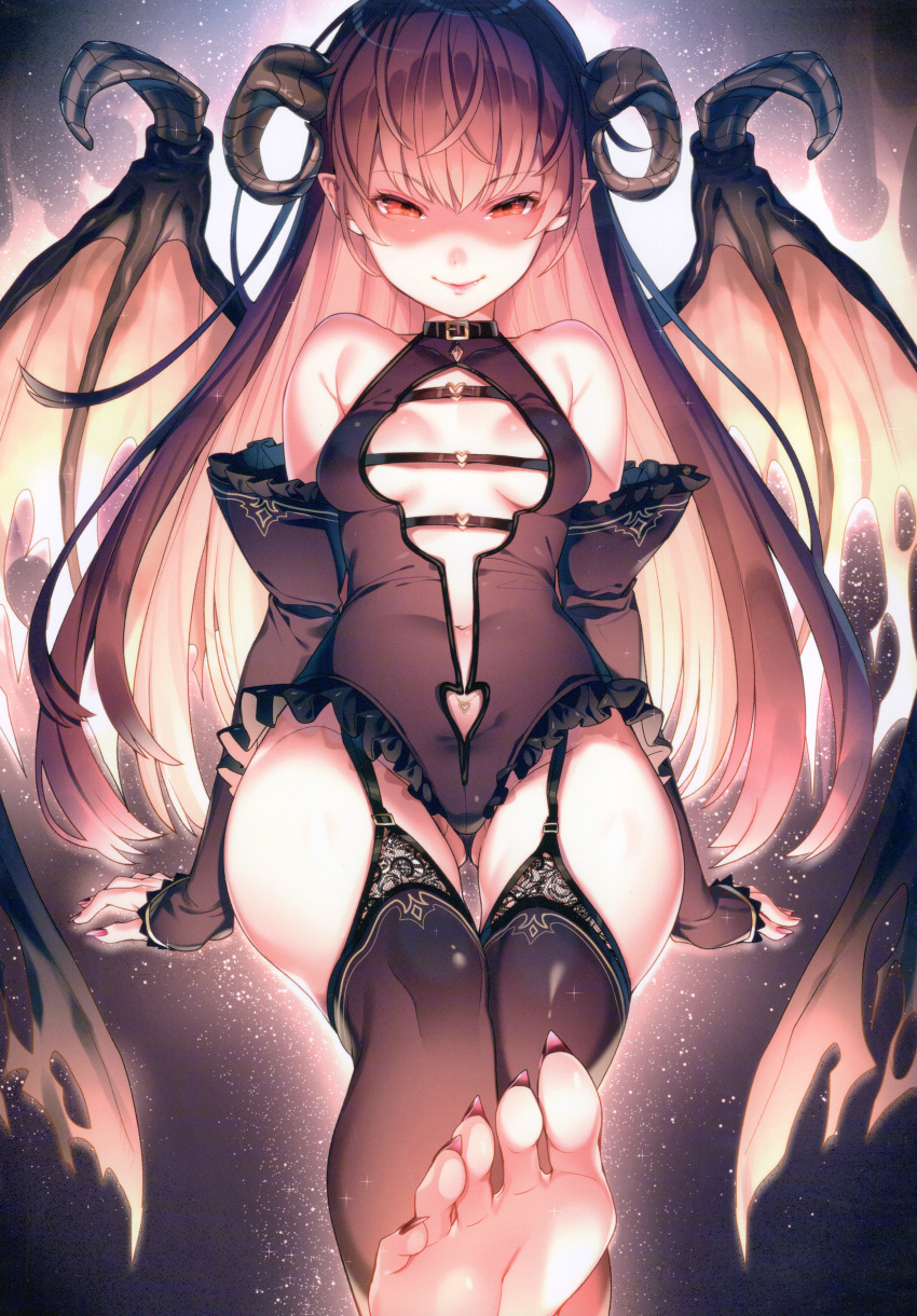 1girl, absurdres, arm_support, aura, bangs, bare_shoulders, barefoot, black_legwear