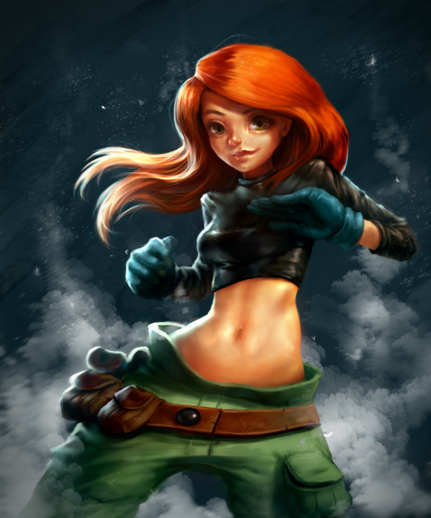 1girl, baggy_pants, belt, cargo_pants, crop_top, gloves, green_pants, highres