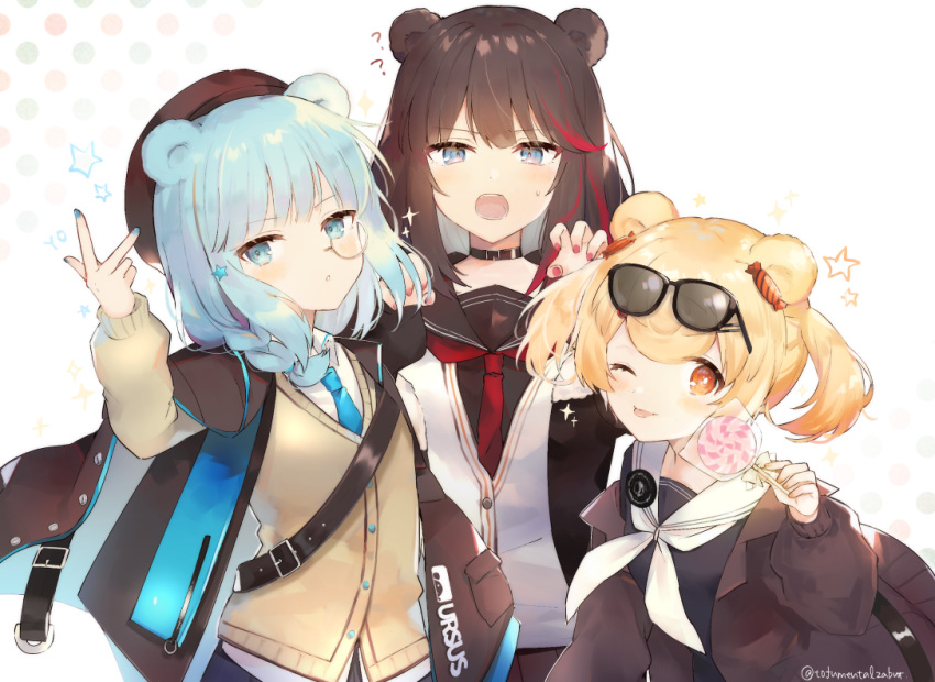 3girls, ??, animal_ears, arknights, arm_up, arms_up, badge, barrette, bear_ears, beige_cardigan, beret, black_headwear, black_jacket, blonde_hair, blue_dress, blue_eyes, blue_hair, blue_nails, blue_neckwear, blue_skirt, blush, braid, brown_hair, brown_jacket, brown_skirt, candy, candy_hair_ornament, cardigan, choker, commentary, dress, eyebrows_visible_through_hair, eyewear_on_head, food, food_themed_hair_ornament, gao, gummy_(arknights), hair_ornament, hat, holding, holding_candy, holding_food, holding_lollipop, istina_(arknights), jacket, leaning_forward, lollipop, looking_at_viewer, medium_hair, monocle, multicolored_hair, multiple_girls, nail_polish, necktie, one-piece_swimsuit, one_eye_closed, open_clothes, open_jacket, open_mouth, pleated_skirt, red_nails, red_neckwear, sailor_collar, sailor_one-piece_swimsuit, shirt, skirt, sparkle, standing, star_(symbol), strap, streaked_hair, sunglasses, swimsuit, swirl_lollipop, tied_hair, tongue, tongue_out, toufu_mentaru_zabuton, twintails, twitter_username, upper_body, v, white_background, white_sailor_collar, white_shirt, yellow_nails, zima_(arknights)