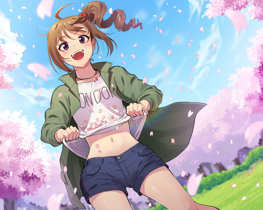 1girl, :d, ahoge, bangs, blue_shorts, blue_sky, blurry, blurry_background