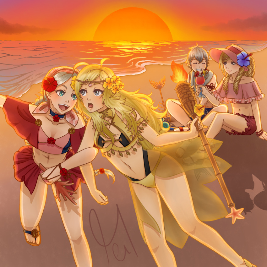 2boys, 2girls, ahoge, alternate_costume, beach, blonde_hair, blue_eyes, braid