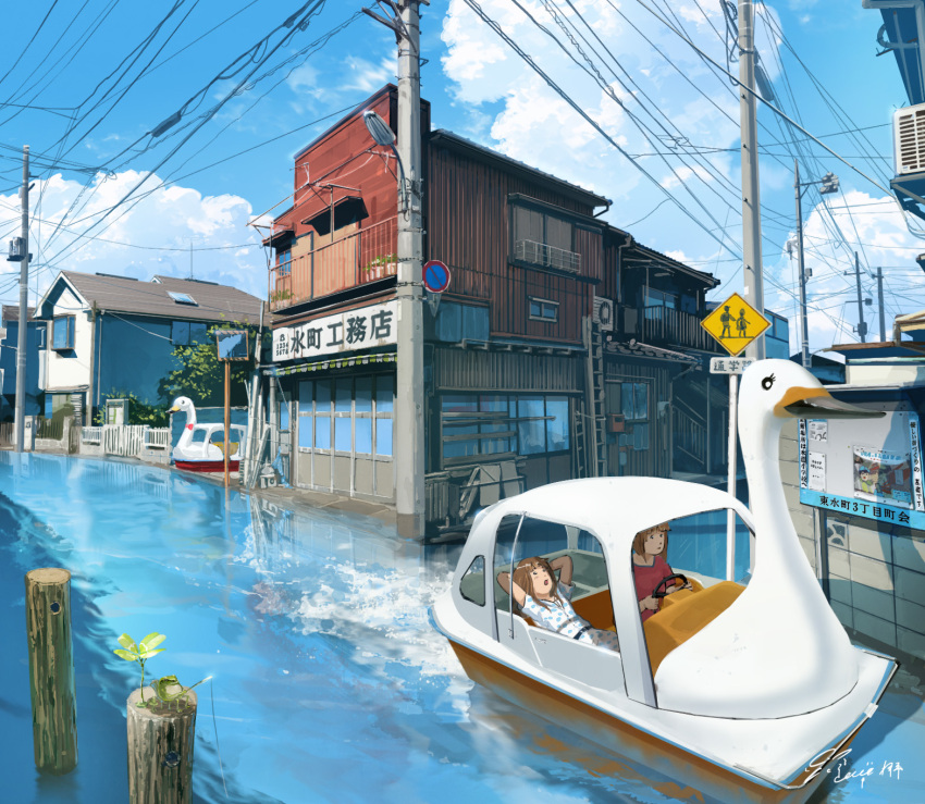 2girls, boat, brown_hair, building, city, clouds, commentary, driving