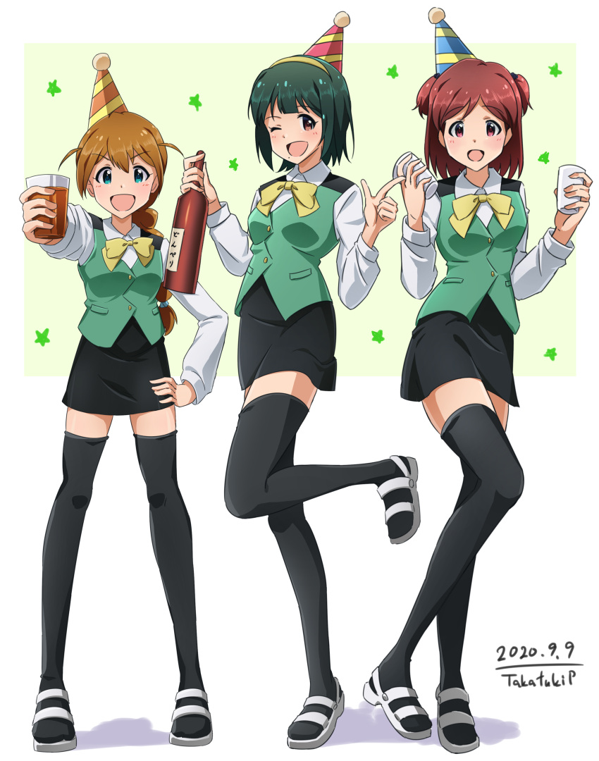 3girls, :d, ;d, absurdres, alcohol, aoba_misaki, artist_name, baba_konomi