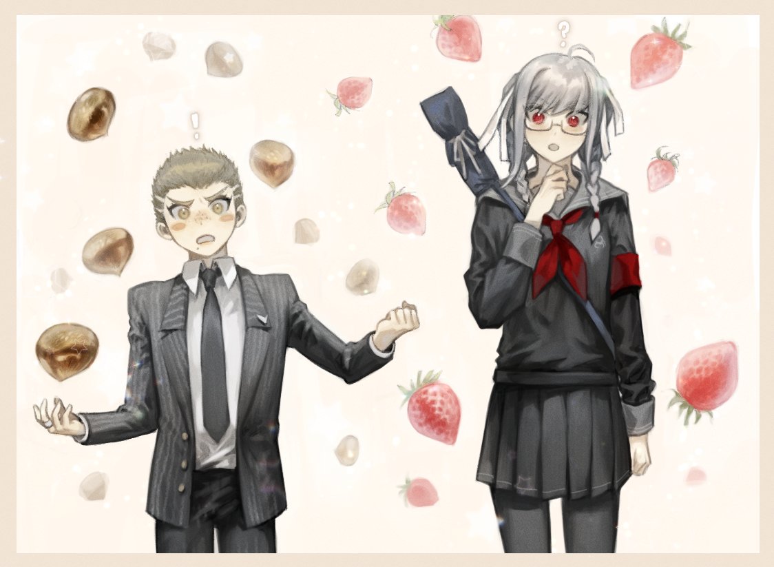 !, 1boy, 1girl, :o, ?, ahoge, armband, beige_border