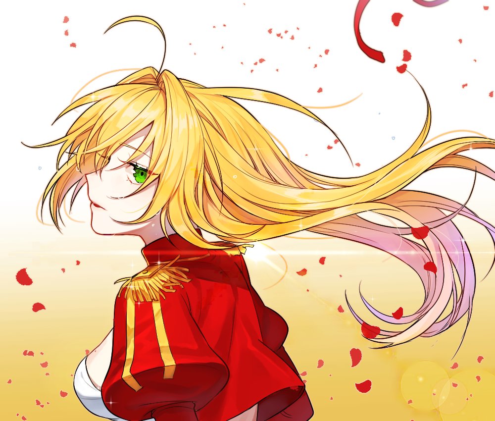 1girl, ahoge, alternate_hair_length, alternate_hairstyle, bangs, blonde_hair, bon_(bony_53), breasts, commentary_request, dress, epaulettes, fate/extra, fate_(series), floating_hair, from_side, gradient_hair, green_eyes, hair_intakes, juliet_sleeves, korean_commentary, large_breasts, long_hair, long_sleeves, looking_at_viewer, medium_breasts, multicolored_hair, nero_claudius_(fate), nero_claudius_(fate)_(all), open_mouth, petals, profile, puffy_sleeves, red_dress, rose_petals, solo, upper_body