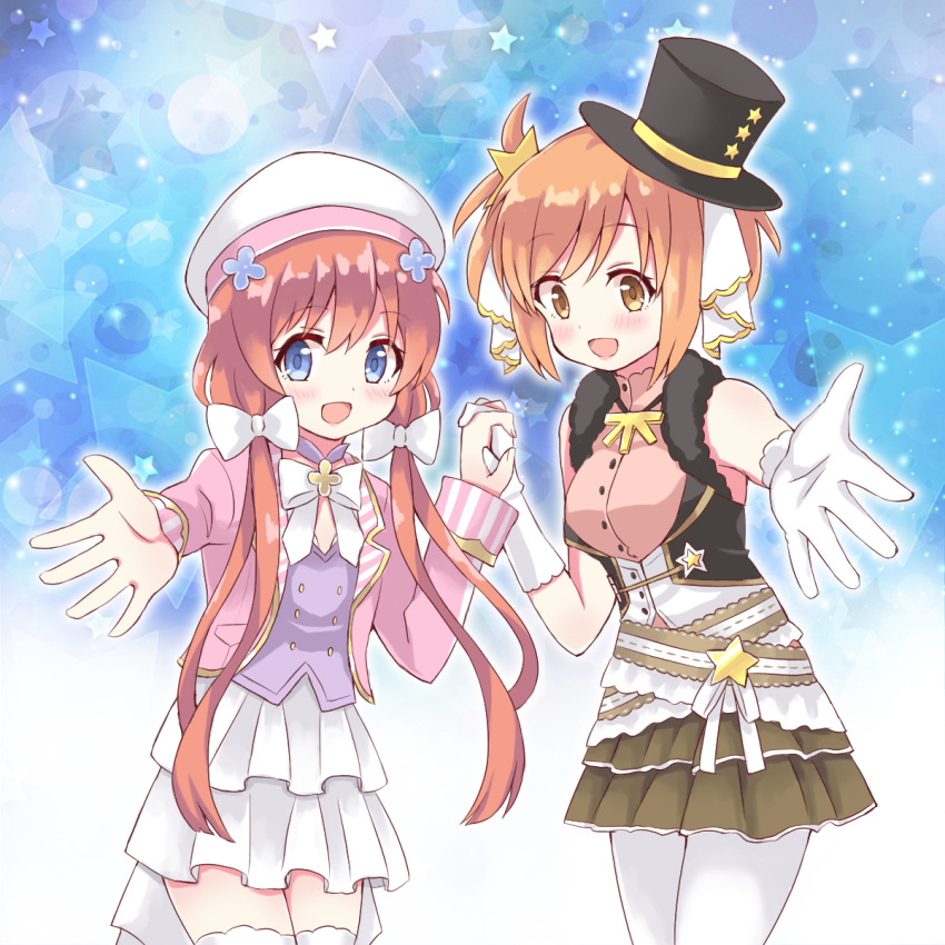 2girls, alternate_costume, bangs, blue_eyes, bow, brown_eyes, brown_hair, character_request
