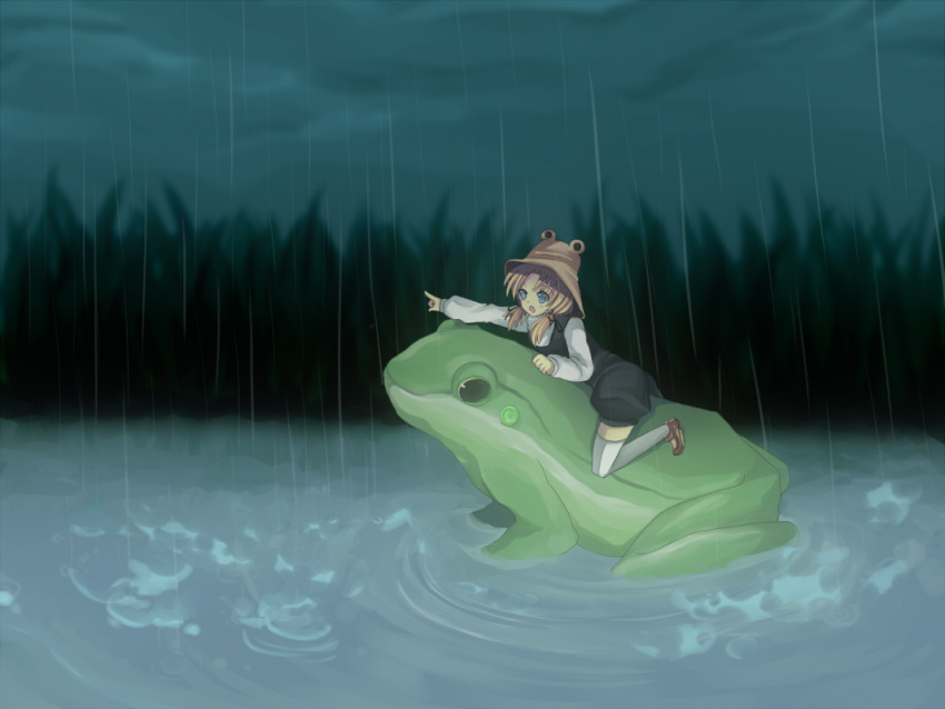 frog, harano, hat, moriya_suwako, oogama, oversized_animal, pointing, rain