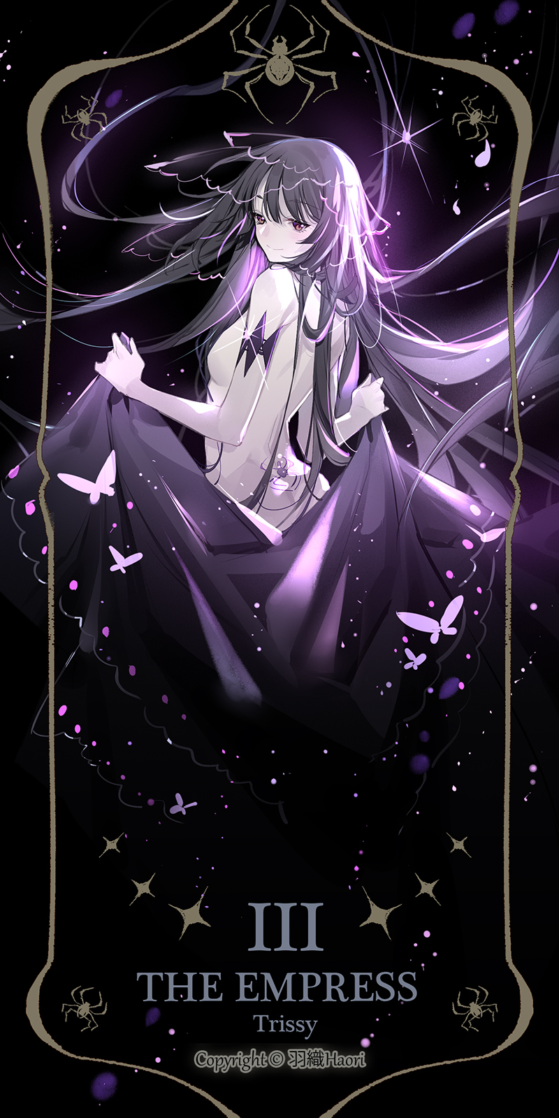 1girl, animal_print, black_hair, bracelet, brown_eyes, bug, butterfly, covering