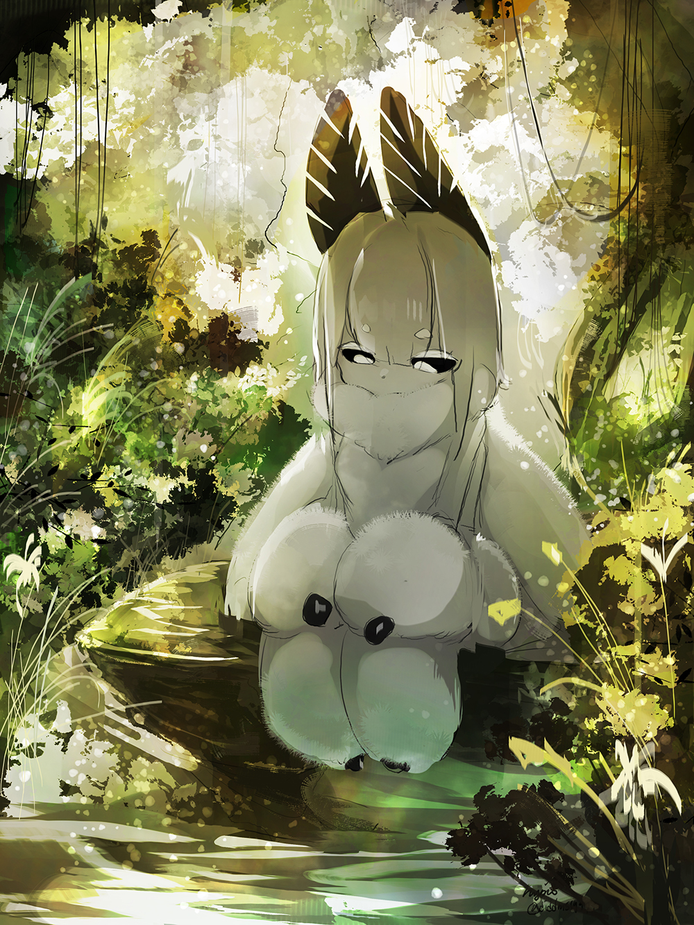 1girl, black_sclera, diddms1999, eyebrows_visible_through_hair, fewer_digits, forest, full_body, fur