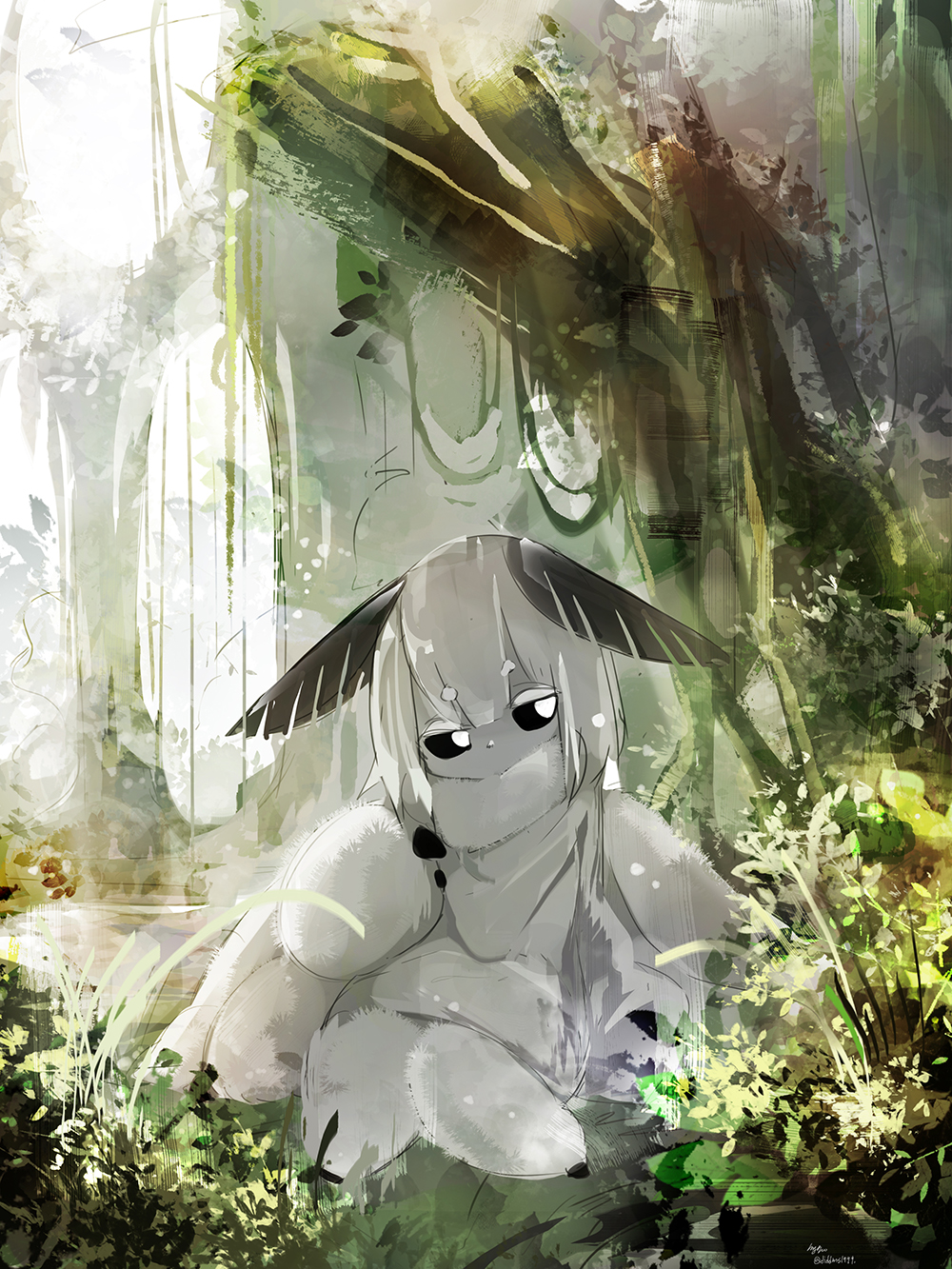 1girl, black_sclera, diddms1999, eyebrows_visible_through_hair, fewer_digits, forest, full_body, fur