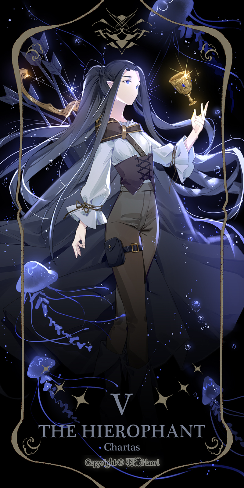 1girl, blue_eyes, blue_hair, bow, brown_pants, bubble, cape, elf