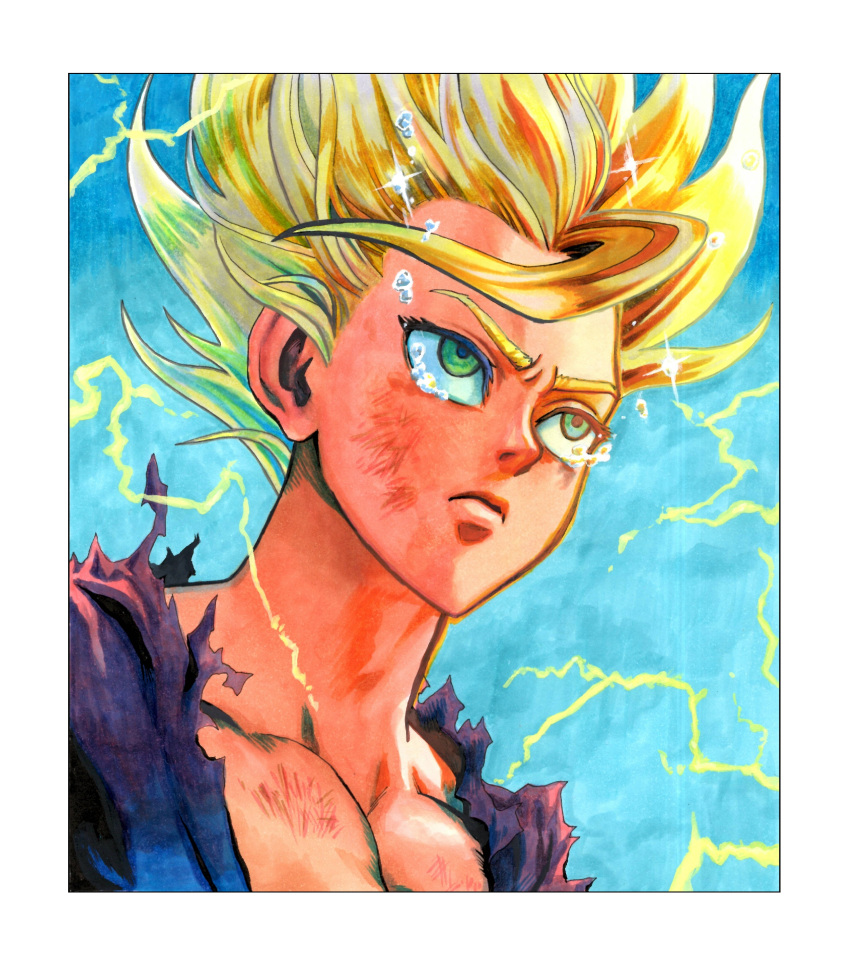 1boy, absurdres, bare_pecs, blonde_hair, border, closed_mouth, crying, dragon_ball