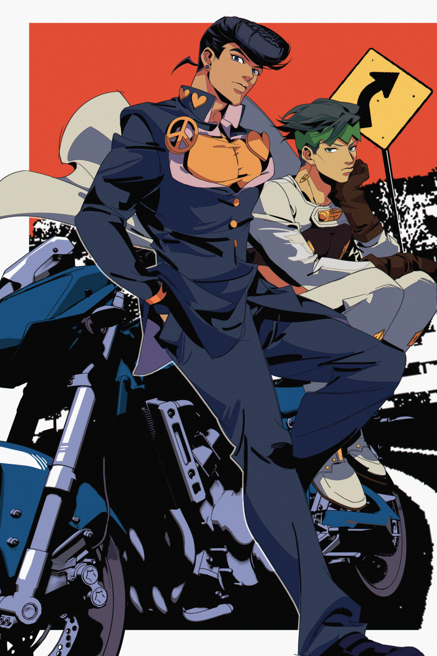 2boys, absurdres, blue_eyes, brown_gloves, closed_mouth, coat, commentary, diamond_wa_kudakenai