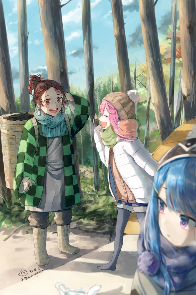 1boy, 2girls, artist_name, bag, bangs, basket, black_gloves, black_headwear