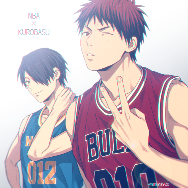 2boys, bangs, bare_shoulders, basketball_jersey, basketball_uniform, black_eyes, black_hair, blue_shirt