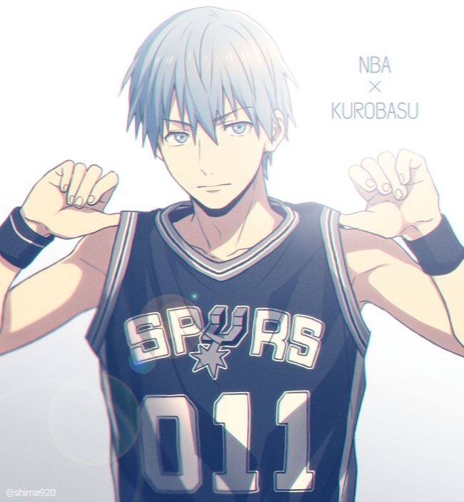 1boy, backlighting, bangs, bare_shoulders, basketball_uniform, black_shirt, blue_eyes, blue_hair