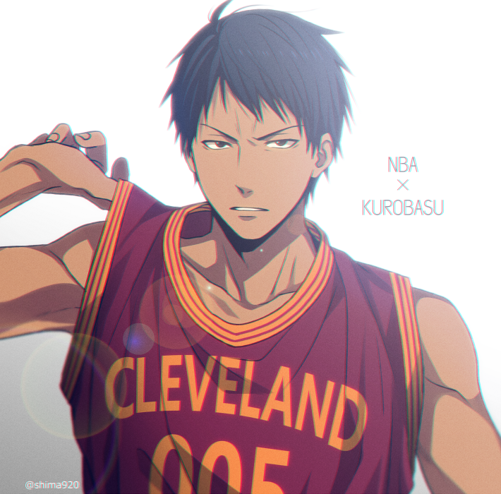 1boy, aomine_daiki, bare_shoulders, basketball_uniform, black_eyes, black_hair, cleveland_cavaliers, clothes_writing