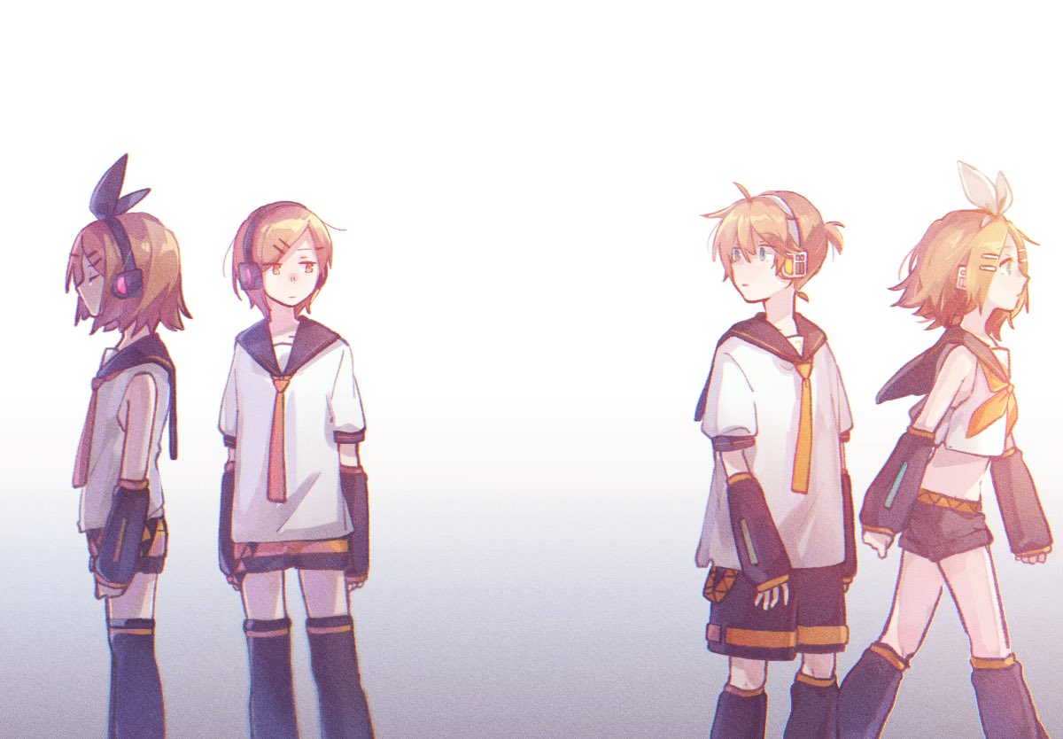 2boys, 2girls, arm_warmers, bangs, bare_shoulders, bass_clef, black_bow, black_collar, black_shorts, blonde_hair, blue_eyes, borrowed_character, bow, closed_eyes, collar, commentary, crop_top, dual_persona, facing_away, hair_bow, hair_ornament, hairclip, headphones, kagamine_len, kagamine_rin, leg_warmers, looking_at_another, looking_back, mi_no_take, multiple_boys, multiple_girls, nail_polish, neckerchief, necktie, sailor_collar, school_uniform, shirt, short_hair, short_ponytail, short_shorts, short_sleeves, shorts, sleeveless, sleeveless_shirt, spiky_hair, standing, swept_bangs, vocaloid, walking, white_bow, white_shirt, yellow_neckwear