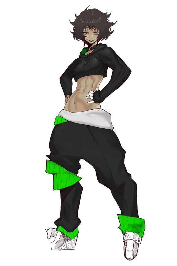 baggy_pants, bottomless, choker, crop_top, fingerless_gloves, gloves, green_lips, groin, hands_on_hips, jankojaro, lowleg, lowleg_pants, midriff, navel, no_panties, original, pants, sagging_pants, short_hair, tan, wedge_heels