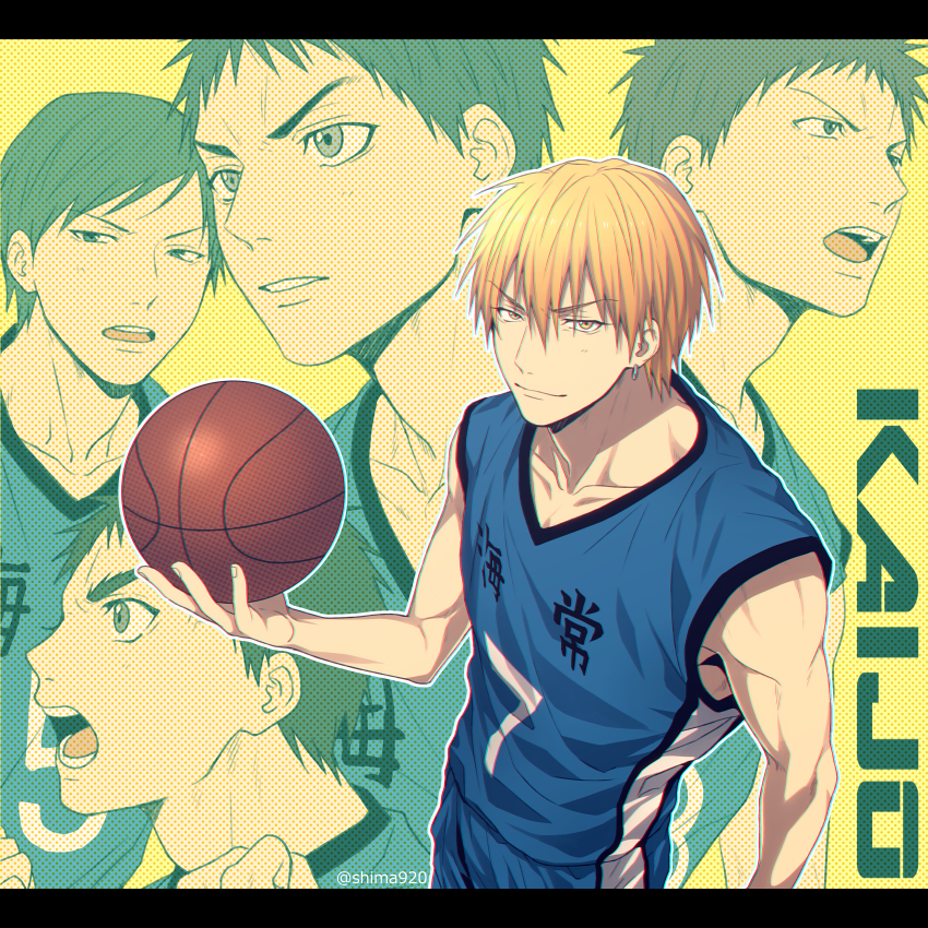 5boys, ball, bangs, basketball, basketball_uniform, blonde_hair, blue_shirt, blue_shorts, closed_mouth, clothes_writing, collarbone, commentary_request, earrings, hair_between_eyes, halftone, hayakawa_mitsuhiro, holding, holding_ball, jewelry, kasamatsu_yukio, kise_ryouta, kobori_kouji, kuroko_no_basuke, letterboxed, looking_at_viewer, looking_to_the_side, male_focus, mashima_shima, moriyama_yoshitaka, multiple_boys, number, open_mouth, outline, shirt, short_hair, shorts, sleeveless, sleeveless_shirt, smile, sportswear, teeth, twitter_username, upper_body, white_outline, yellow_background, yellow_eyes