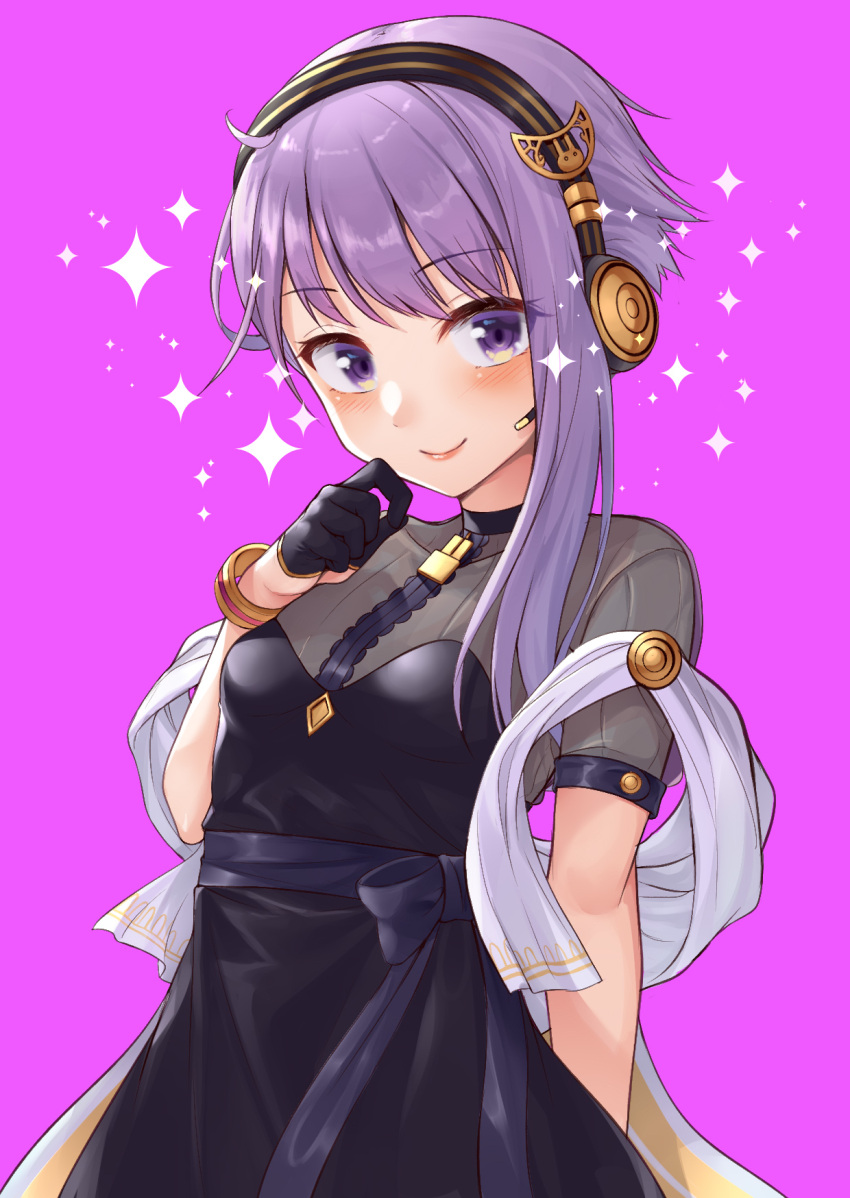 1girl, arms_behind_back, black_dress, black_gloves, cevio, commentary, dress, gloves