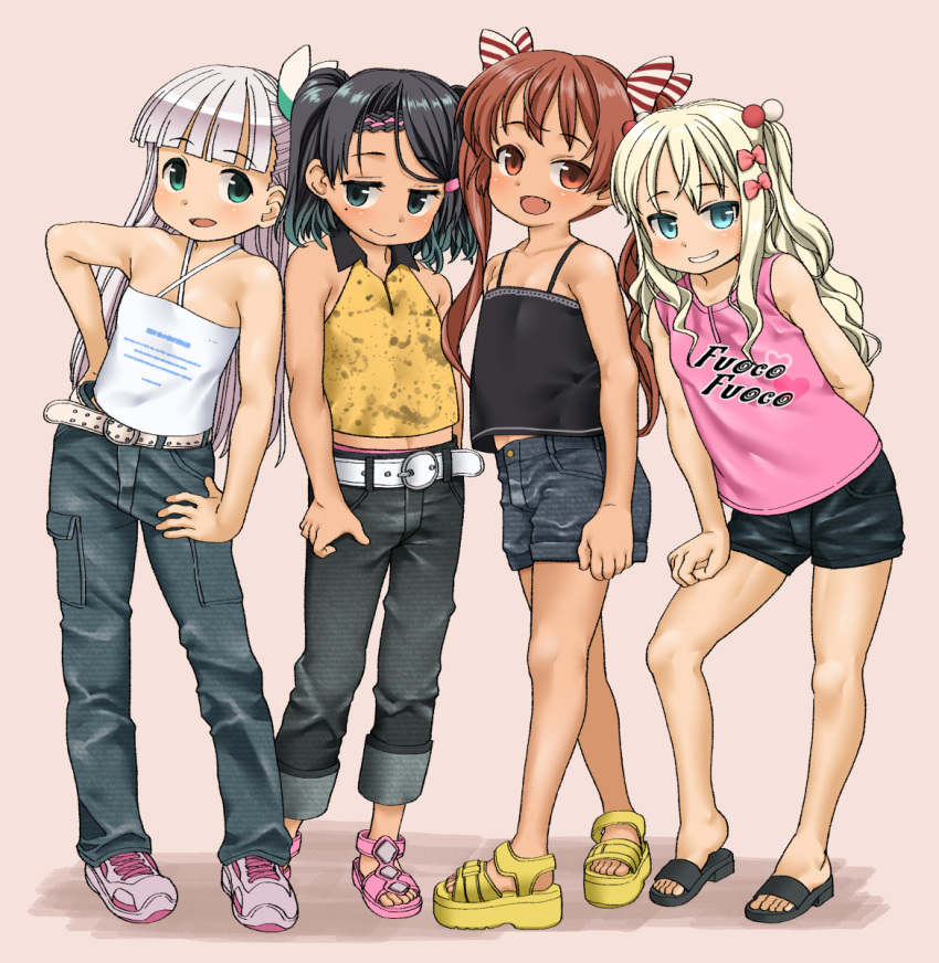 4girls, alternate_costume, bangs, belt, black_footwear, black_hair, blonde_hair, blue_eyes