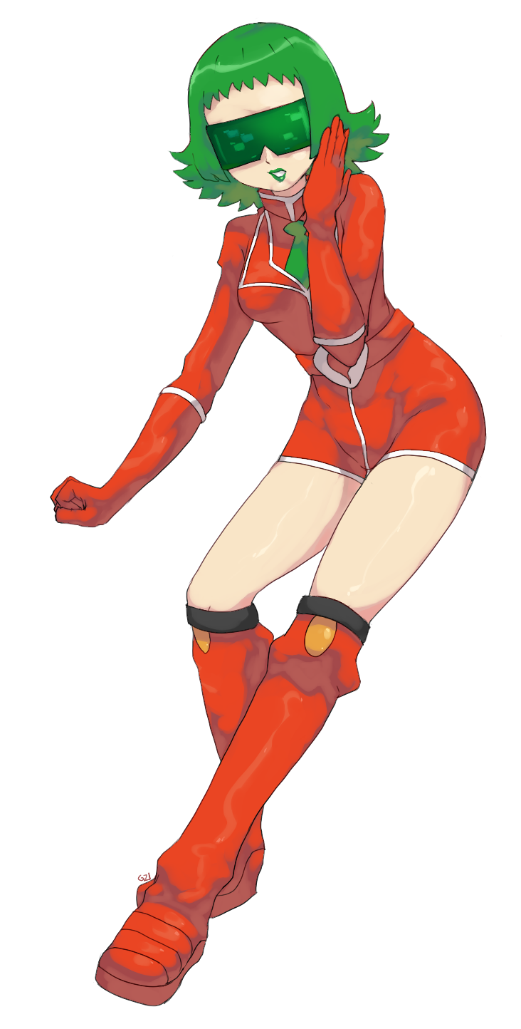 bryony_(pokemon), commentary, english_commentary, full_body, gloves, green_hair, highres, lipstick