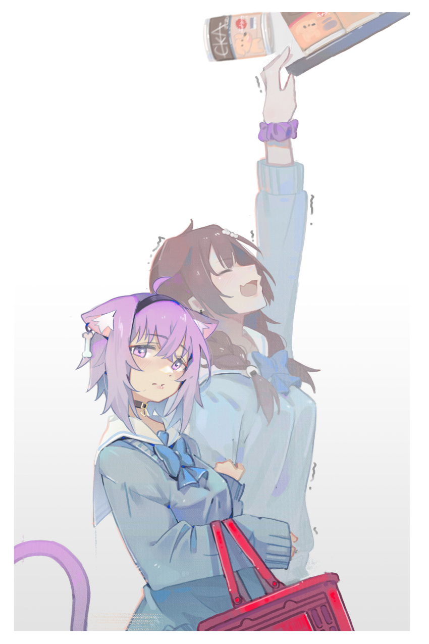 2girls, absurdres, ahoge, alternate_costume, animal_ear_fluff, animal_ears, arm_up, bag