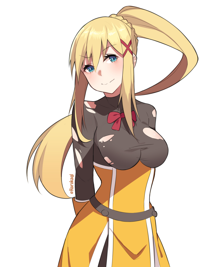 1girl, black_bodysuit, blonde_hair, blue_eyes, blush, bodysuit, braid, breasts