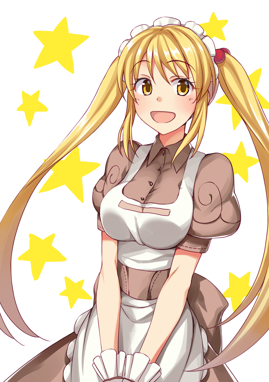 1girl, apron, bangs, blonde_hair, blush, breast_squeeze, breasts, brown_dress