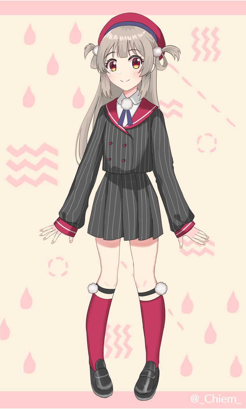 1girl, absurdres, chiem, cosplay, full_body, hair_pom_pom, highres, long_sleeves, looking_at_viewer, natori_sana, pinstripe_pattern, red_neckwear, sailor_collar, sana_channel, school_uniform, shigure_ui_(vtuber), shigure_ui_(vtuber)_(cosplay), shirt, socks, striped, virtual_youtuber