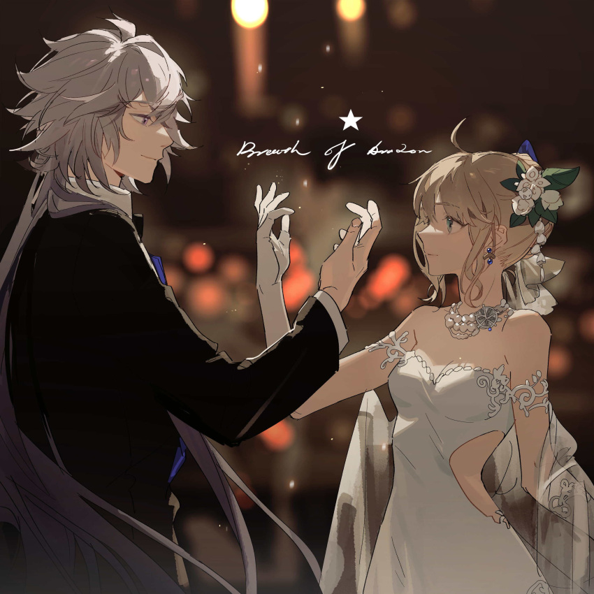 1boy, 1girl, absurdres, arthur_pendragon_(fate), artoria_pendragon_(all), blonde_hair, dress, earrings, fate/grand_order, fate_(series), flower, gloves, hair_flower, hair_ornament, highres, jewelry, merlin_(fate), saber, white_dress, zhibuji_loom
