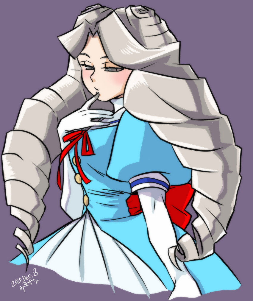 1girl, aqua_dress, blush, capcom, commentary_request, dated, dress, drill_hair