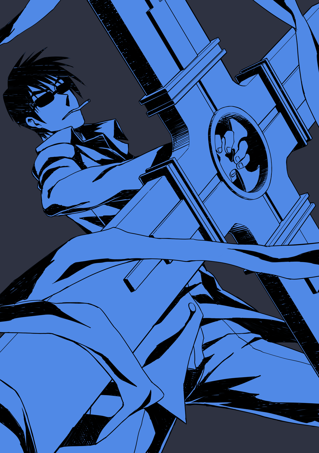 1boy, bangs, black_hair, blue_theme, cigarette, collared_shirt, commentary_request, cowboy_shot