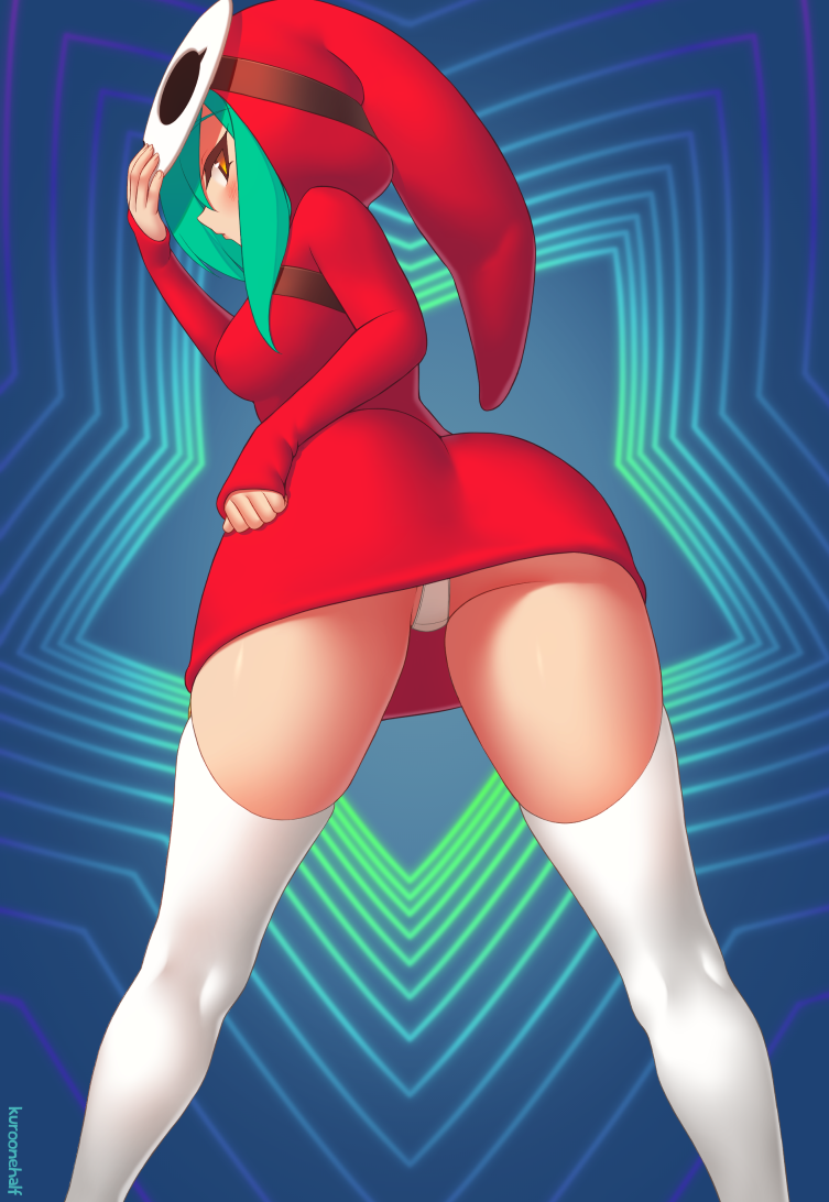 1girl, aqua_hair, artist_name, ass, breasts, commentary, dress, from_behind