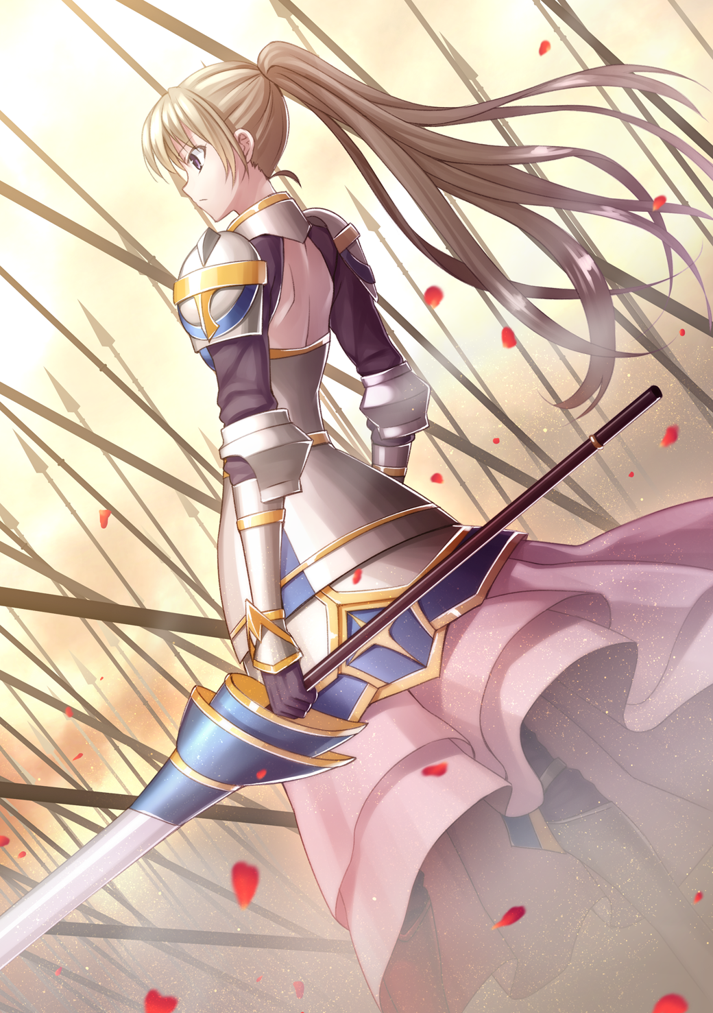 1girl, armor, armored_boots, armored_dress, backless_outfit, bangs, black_shirt, blonde_hair