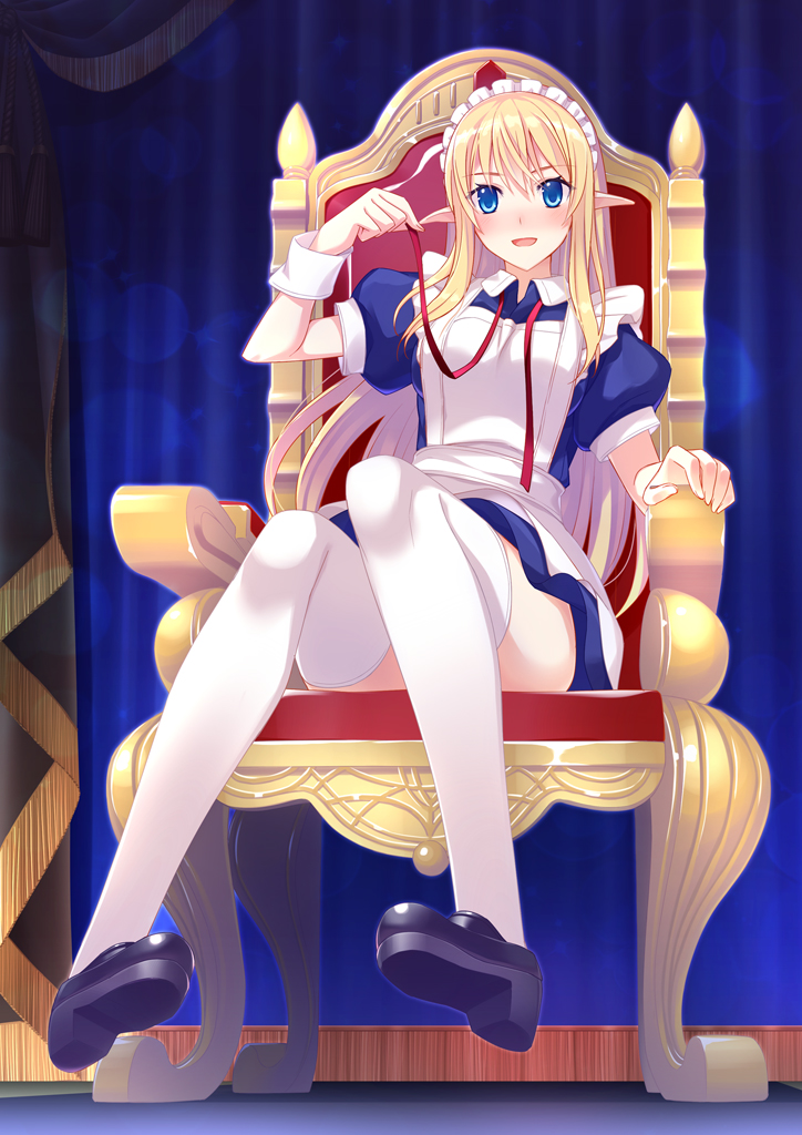 1girl, apron, bangs, black_footwear, blonde_hair, blue_dress, blue_eyes, blush