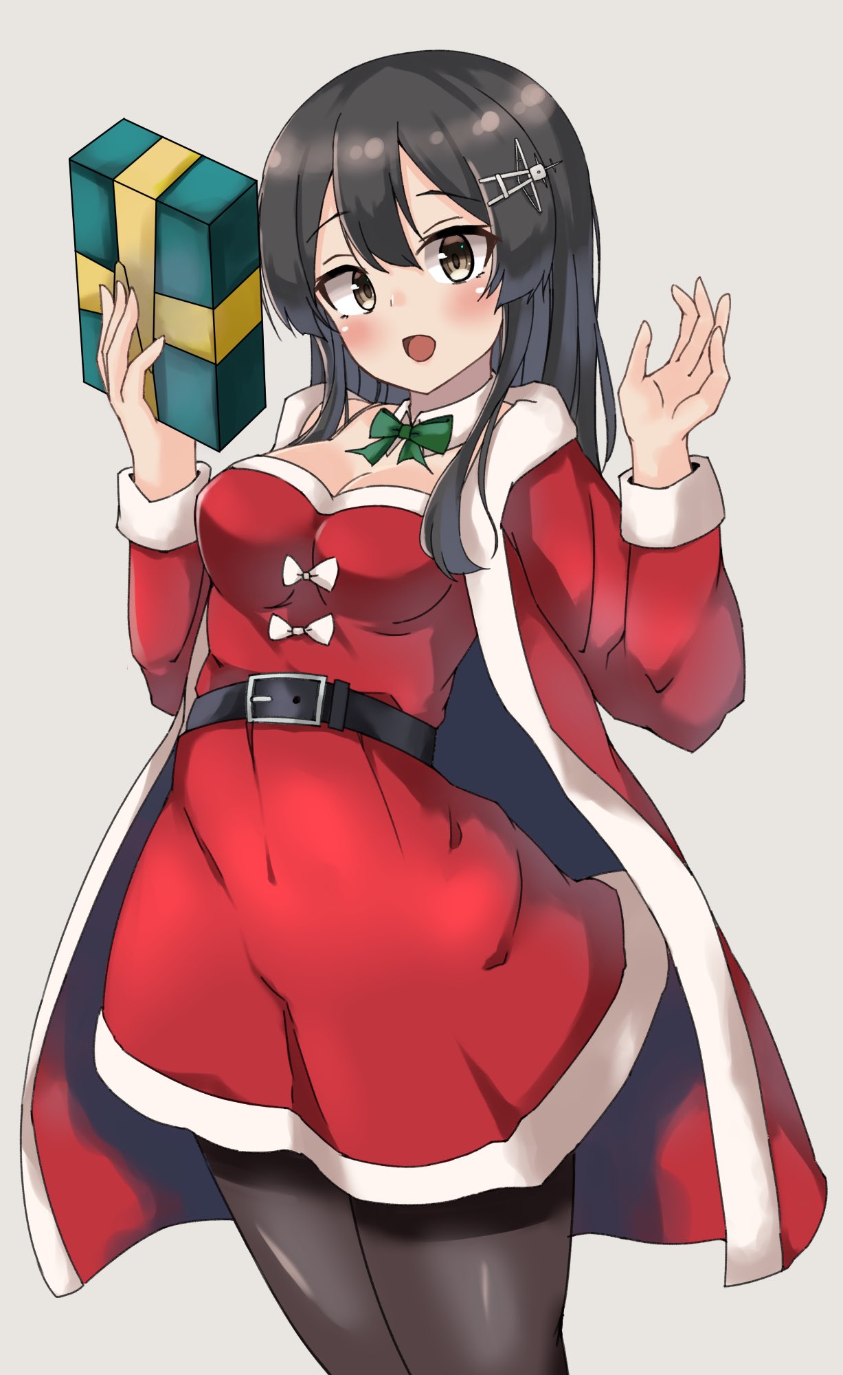 1girl, belt, black_hair, black_legwear, coat, commentary_request, cowboy_shot, dress, fur-trimmed_coat, fur-trimmed_dress, fur_trim, gift, grey_background, grey_eyes, hair_ornament, hairclip, highres, kantai_collection, long_hair, looking_at_viewer, off-shoulder_dress, off_shoulder, official_alternate_costume, oyashio_(kantai_collection), pantyhose, red_coat, simple_background, smile, solo, wasumi_kei