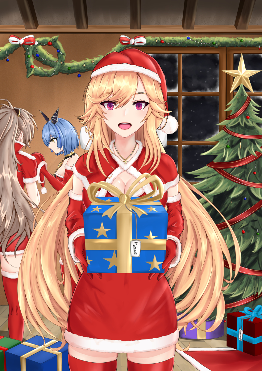 3girls, arm_warmers, azur_lane, blonde_hair, blue_hair, brown_hair, christmas_tree, christmas_wreath