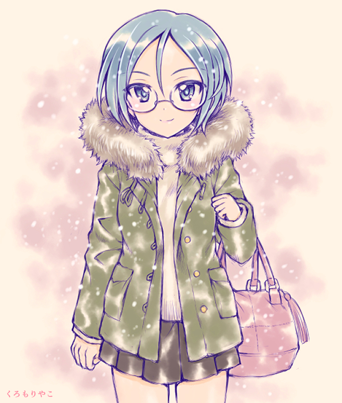 1girl, artist_name, bag, black_skirt, blue_eyes, blue_hair, blush, coat, eyebrows_visible_through_hair, fur-trimmed_coat, fur_trim, girls_und_panzer, glasses, green_coat, hair_between_eyes, kuromori_yako, looking_at_viewer, miniskirt, pleated_skirt, round_eyewear, rumi_(girls_und_panzer), short_hair, skirt, smile, snow, snowing, sweater, thighs, turtleneck, turtleneck_sweater, white_sweater