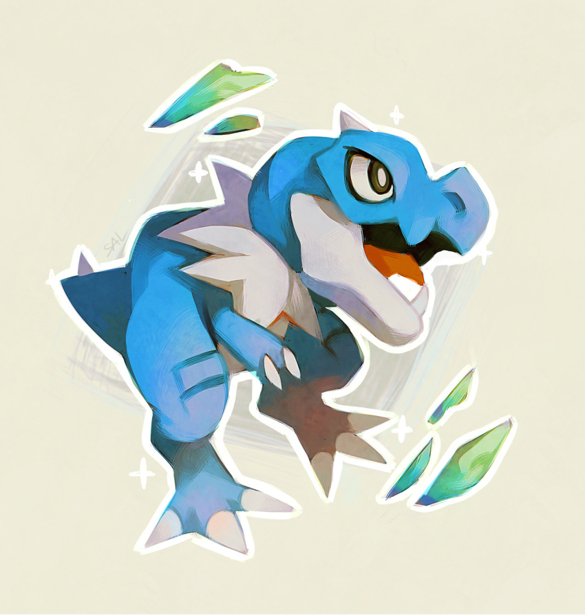 alternate_color, brown_eyes, claws, commentary, creature, english_commentary, fangs, full_body, gen_6_pokemon, highres, no_humans, open_mouth, pokemon, pokemon_(creature), salanchu, shiny_pokemon, simple_background, solo, sparkle, standing, standing_on_one_leg, tyrunt, white_background