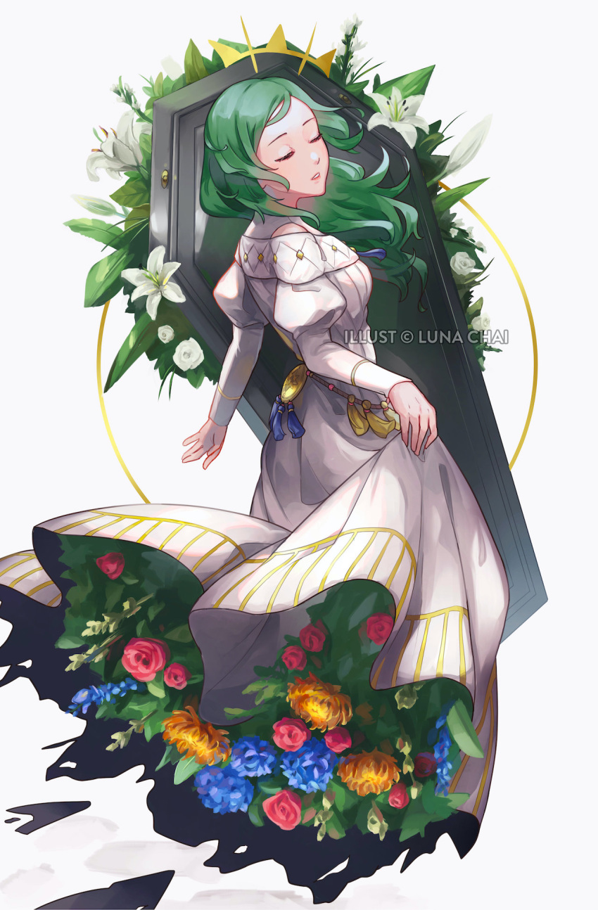 1girl, artist_name, closed_eyes, coffin, dress, fire_emblem, fire_emblem:_three_houses, flower