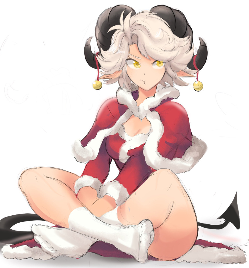 1girl, :t, bell, black_horns, breasts, capelet, demon_girl, demon_tail