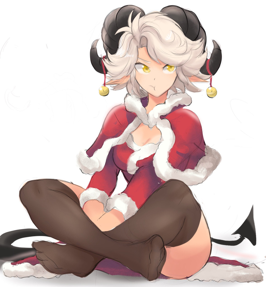 1girl, :t, bell, black_horns, black_legwear, breasts, capelet, demon_girl