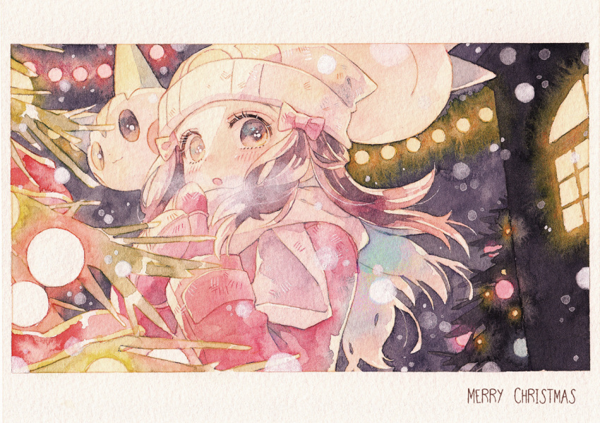 1girl, :o, beanie, blush, bow, christmas, christmas_lights, coat