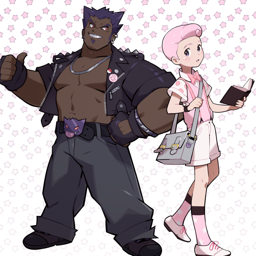 2boys, bag, belt, blush, book, clefable, commentary, dark_skin