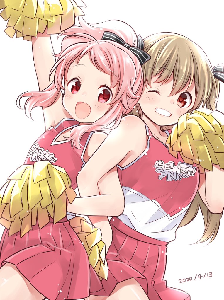 2girls, :d, anima_yell!, arm_up, armpits, back-to-back, bare_legs, bare_shoulders