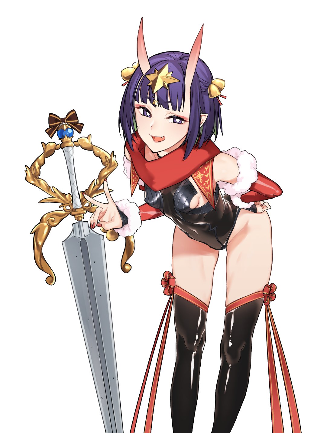 1girl, bell, bob_cut, breasts, bright_pupils, detached_sleeves, eyeliner, fang