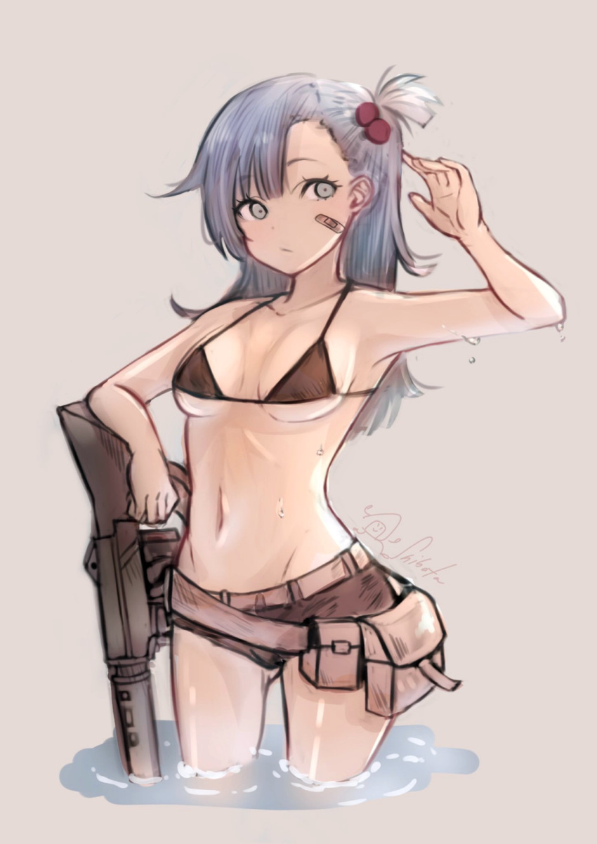 1girl, bag, belt, bikini, bikini_top, blue_eyes, blue_hair, breasts